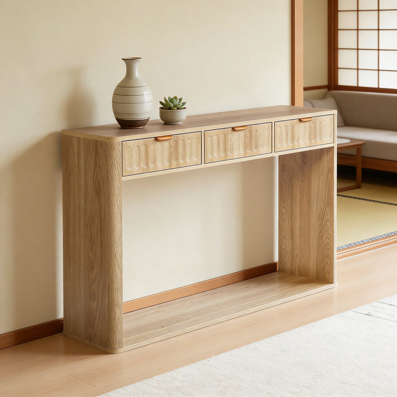 Console étroite avec 3 tiroirs et rangement, table de canapé mince pour le salon derrière le canapé, meuble télé dans le couloir avec conception cannelée robuste