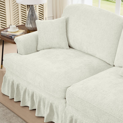 Canapé modulaire en L Mid-Century à trois places avec accoudoirs évasés et jupes plissées à volants, canapé en chenille confortable avec repose-pieds mobile