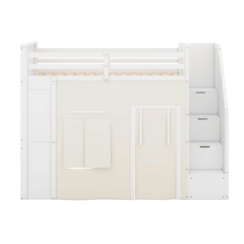 Twin Loft Bed With Desk And Storage Stairs, Loft Bed Frame With Drawers, Shelves, Curtain Playhouse, Solid Wood Twin Bed With Guardrails