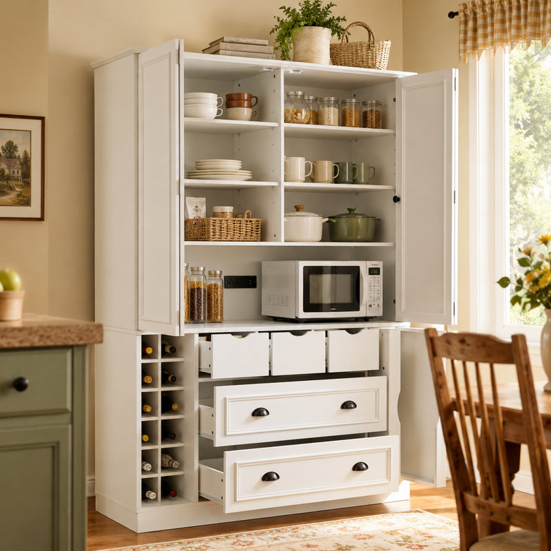 Armoire de cuisine Farmhouse avec tablettes réglables, tiroirs, support à vin et prise de courant, White
