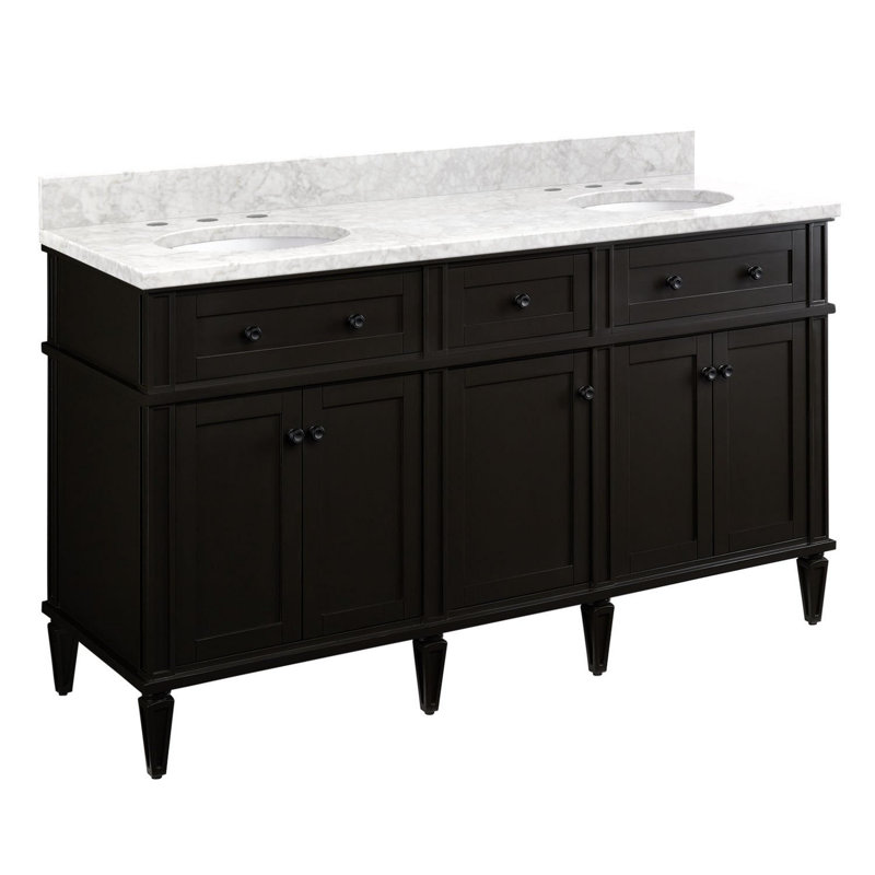 Elmdale 60" Freestanding Mahogany Double Basin Vanity  Oval Undermount Sink - 8" Faucet Holes, Carrara Marble