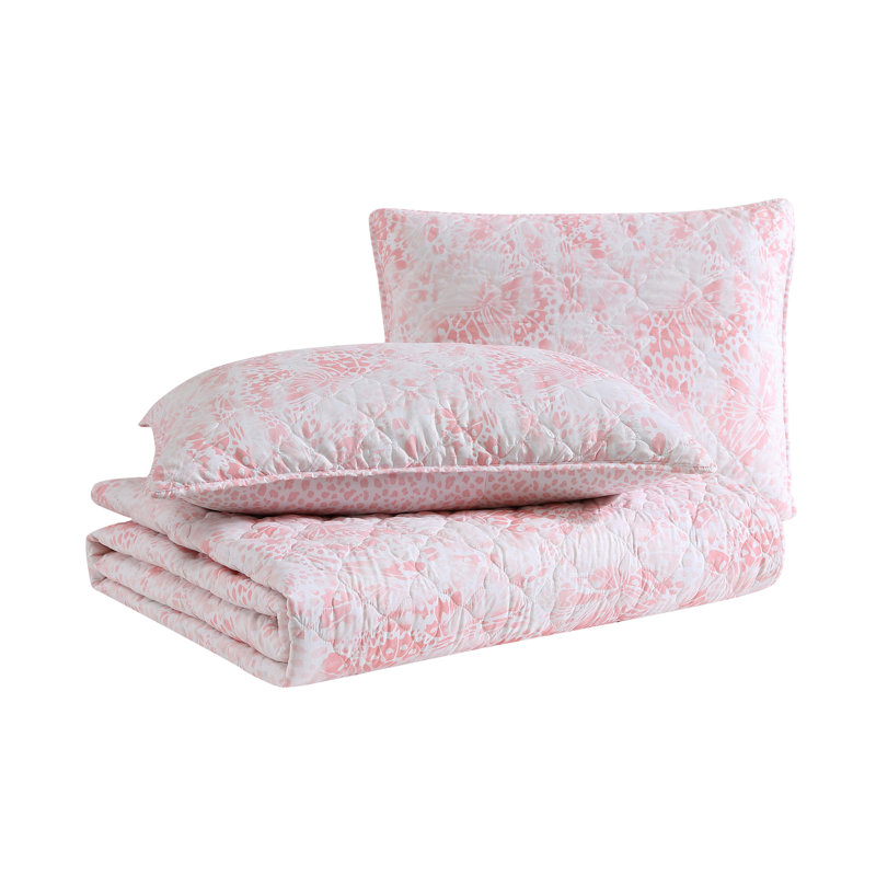 Twin Pink Reversible Microfiber Quilt Set with Butterfly Design