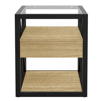 Set Of 2 Modern Nightstand With Drawer And Tempered Glass Top, Industrial Style Side Table by George Oliver