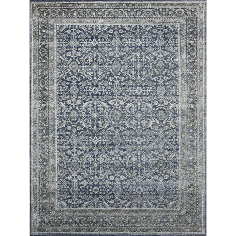 Hand Knotted Oriental Area Rug in Navy And Grey, Rectangle 9' x 12'