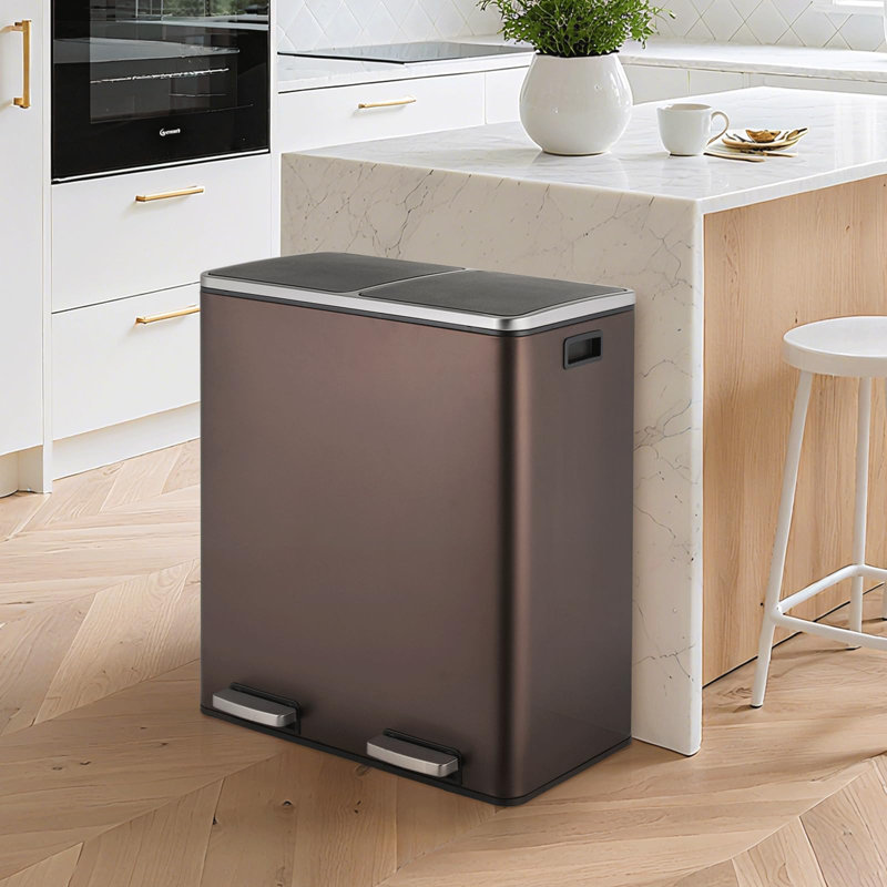 Stainless Steel Step On Multi-Compartment Rubbish & Recycling Bin - 60L, Brown