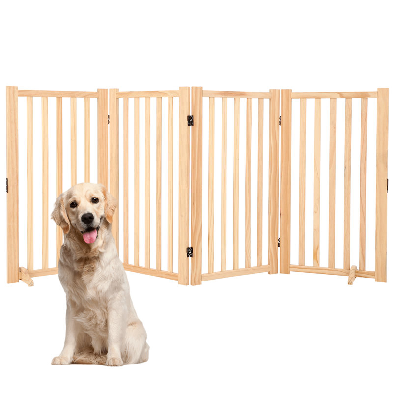 Freestanding 4-Panel Wooden Dog Gate, Foldable Adjustable Pet Barrier with Support Feet, Non-Slip Pads 90cm Height, Extendable up to 203cm, Non-Slip Indoor Pet Fence