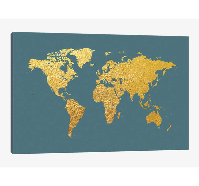 Carte du monde : feuille de couleur dorée sur toile tendue, H 24 po x l 32 po x P 1 po, Papier d'art encadré noir, Blanc