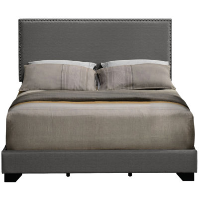 Queen Size Grey Panel Bed - Chic Trim & Robust Construction Upholstered In Strong Base Style