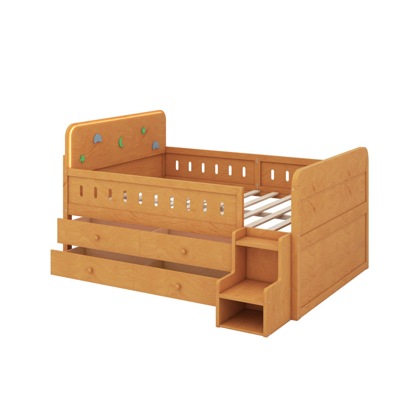 Wooden Full Size Bed With LED Light, Storage Drawers, Wood