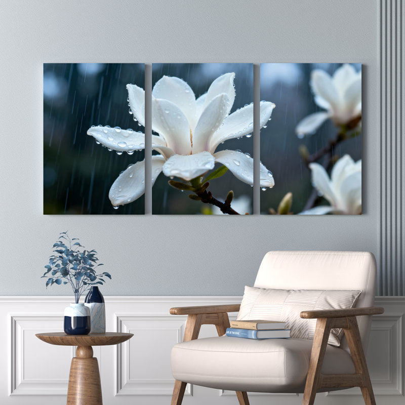 Ensemble de 3 tableaux sur toile tendue, motif « Gouttes de pluie et fleurs de magnolia blanc », pour la décoration du salon et de la chambre.