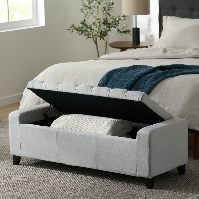Light Gray Tufted Fabric Storage Ottoman Bench