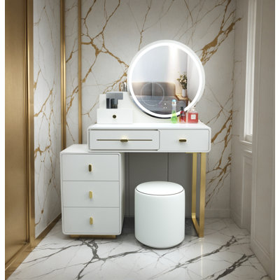 Luxury Led Vanity Table With Storage & Gold Accents – Modern Makeup Desk With Mirror & Stool Hannah Vanity With Mirror And Stool by Everly Quinn