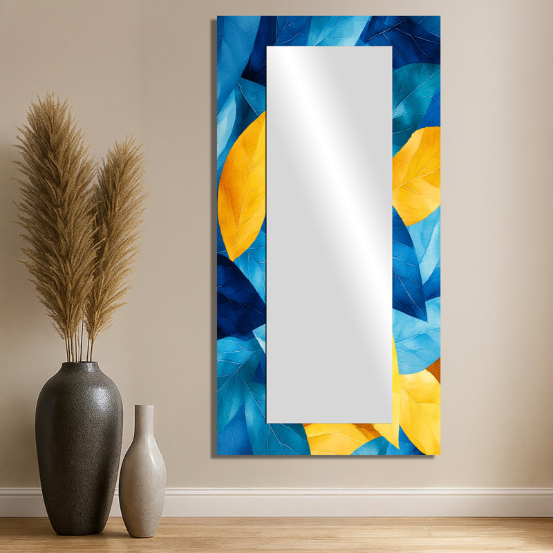 Feuilles numériques bleues et jaunes II - art mural miroir floral - imprimé sur métal, 28 po x 55 po