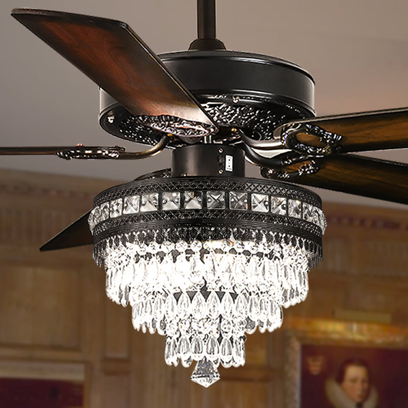 Ventilateur de plafond 52 "/ 62" / 72 "en cristal Fandelier avec lumières et télécommande, Noir, 52"