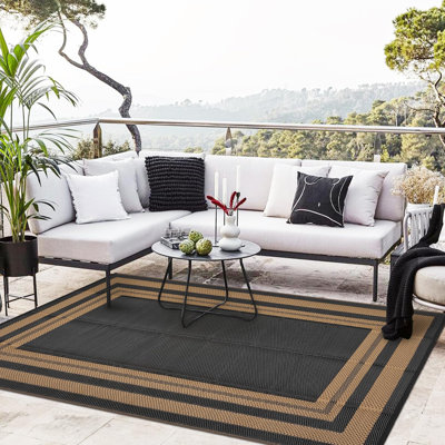 Outdoor Rug 9x12 Waterproof Patio Rug Reversible Plastic Straw Rugs Camping Mat Modern Geometric Portable Foldable Large Rugs for RV Porch Balcony Picnic Beach Backyard Brown Panel