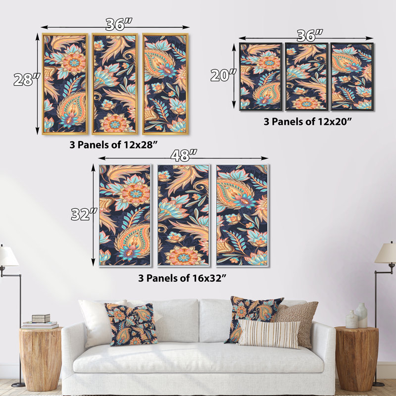 «Orange and Blue Paisley Flowers I», reproduction de cadre flottant 3 pièces sur toile, Cadre blanc