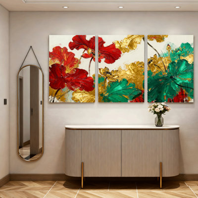 Abstrait floral sur toile, ensemble de 3 reproductions de peinture à l'huile abstraites - rouge vif, or et vert avec effet d'eau réfléchissant, décor moderne pour le salon, la chambre à coucher ou le bureau