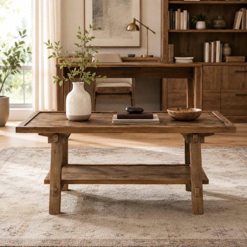 Solid wood coffee table, rectangular center table, with two shelves.