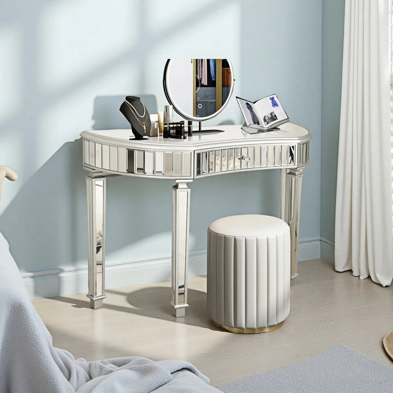 47" Half-Moon Mirrored Vanity Desk With Fluted Glass & Crystal Knob Drawer - Silver Entryway Vanity Desk, Gray/Silver