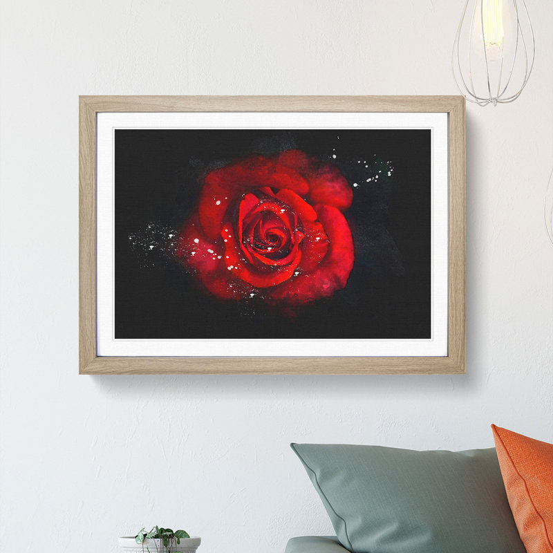 Red Rose In The Shadows - Picture Frame Graphic Art, Oak Framed, 62cm H x 87cm W x 2cm D