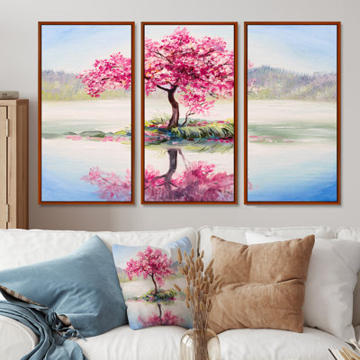 Cerisier japonais en fleurs sur un petit îlot idyllique - ensemble de 3 reproductions sur toile flottantes