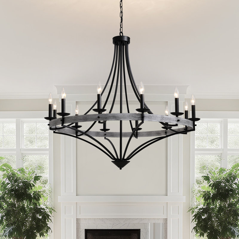 12 - Light Candle Style Dimmable Wagon Wheel Chandelier