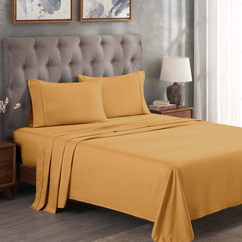 300 Thread Count Certified Egyptian Cotton Blend Solid Deep Pocket Bed Sheet Set, Queen Sheet Set, Gold