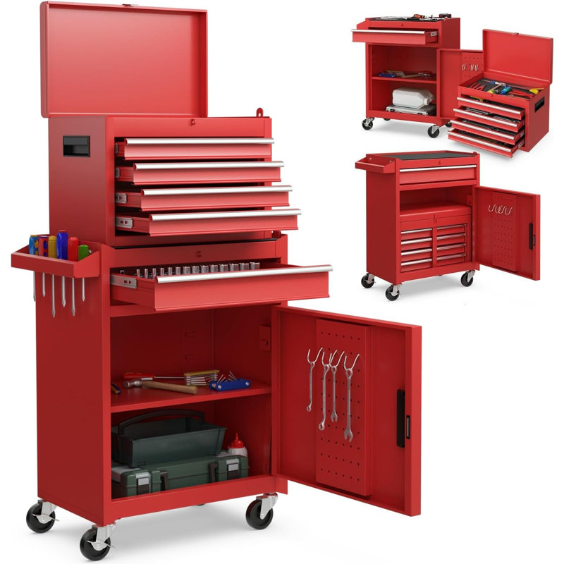 Armoire mobile 2 tiroirs 2 en 1 à 5 tiroirs avec poignée latérale et roulettes de 3 pouces pour le garage, Red