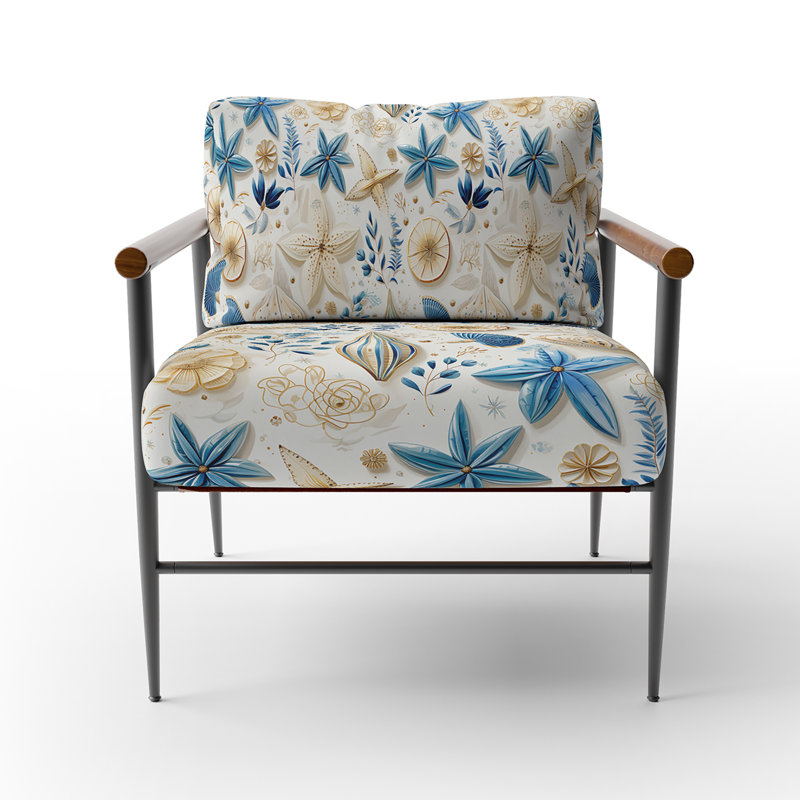 Blue And White Coastal Retreat Seashells II - Upholstered Cottage Accent Arm Chair