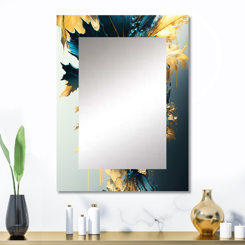 Abstrait bleu et feuilles dorées II - miroir mural à feuilles, miroir décoratif traditionnel, impression d'art en métal