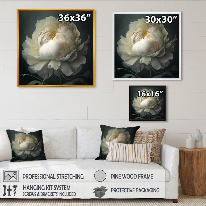 Pivoine blanche sur fond noir I - pivoine, H 36 po x l 36 po, Reproduction avec cadre flottant, Doré