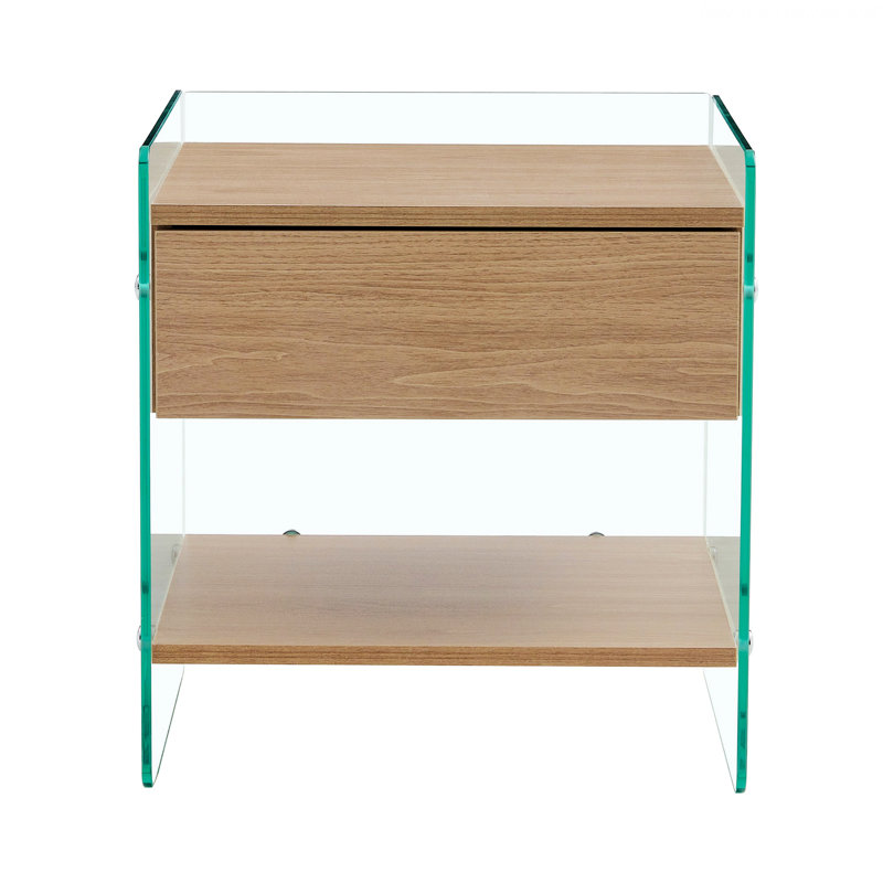 Drawer nightstand: mdf surface with stickers, tempered glass sides, sleek design, efficient storage for bedroom (108 characters)