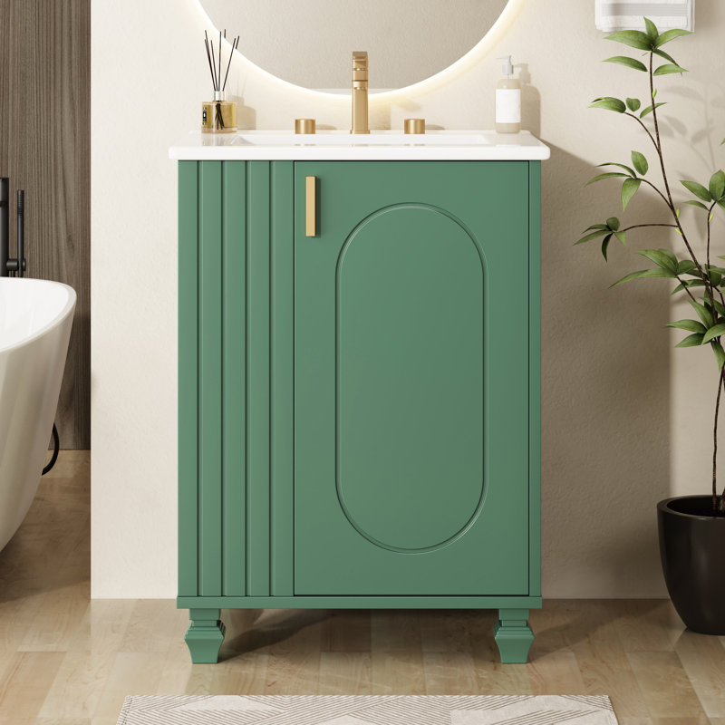 24" Bathroom Vanity With Smooth Sink, Solid Pine Wood Frame, Multifunctional Storage, Hinges, Finish, Finish Classic Legs, Shelving, Easy Assembly, Freestanding