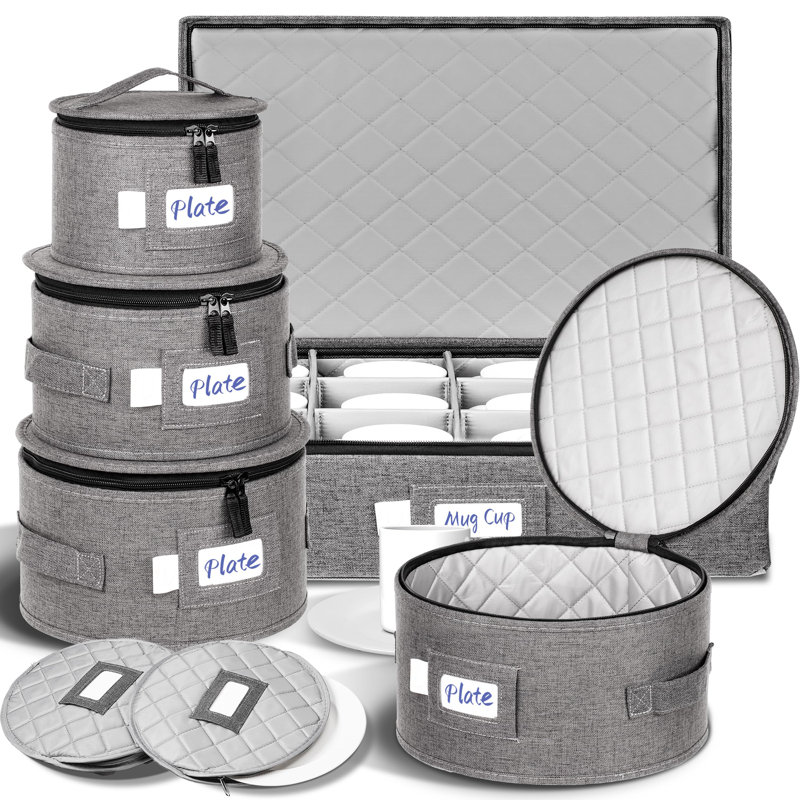 China Storage Containers For 12 Place Setting With Two Plate Bags, 5 Pcs Hard Shell Quilted China Storage Cases,Grey