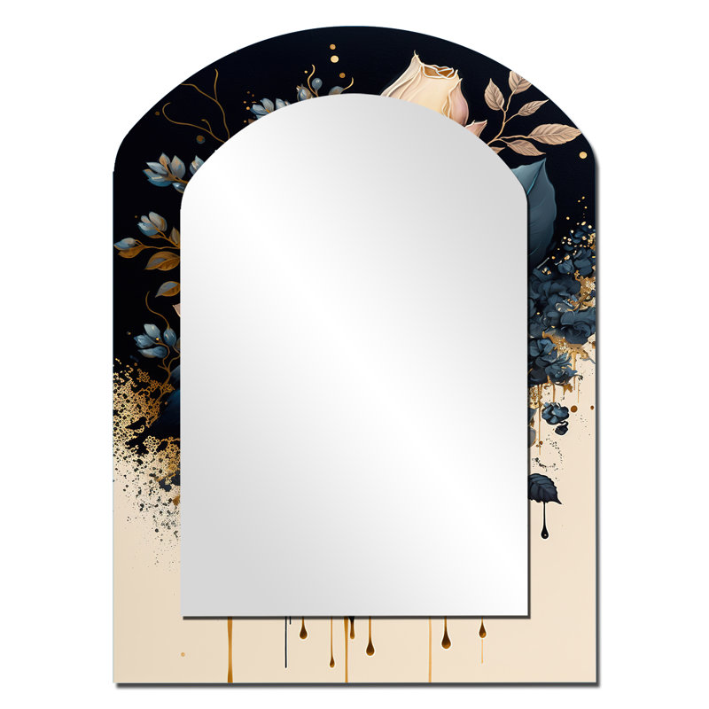 Grand miroir mural bleu marine et rose doré I sur métal, 34 po x 25 po