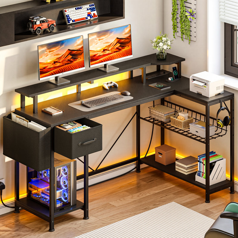 L-Shaped MDF Iron Computer Desk with Built-In Electrical Outlet, 92cm. H x 137cm. W x 50cm. D, Black