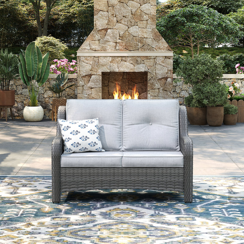 Causeuse de patio en osier avec coussins, Coussin gris / cadre gris