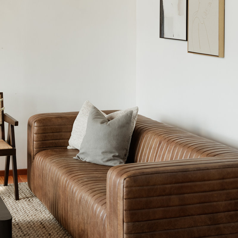 Castle 95" Genuine Leather Square Arm Chesterfield Sofa, Cappuccino Genuine Leather