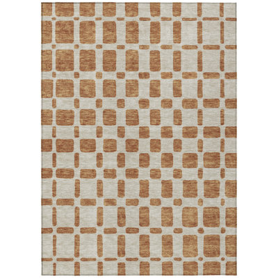 10' X 14' Terra Cotta And Beige Geometric Washable Indoor Outdoor Area Rug