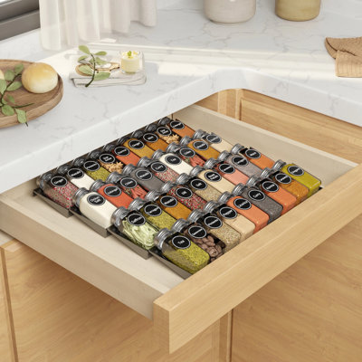 4-Tier Spice Drawer Organizer with Spice Jars and 386 Spice Labels, Seasoning Rack Tray Insert for Kitchen Drawer Storage