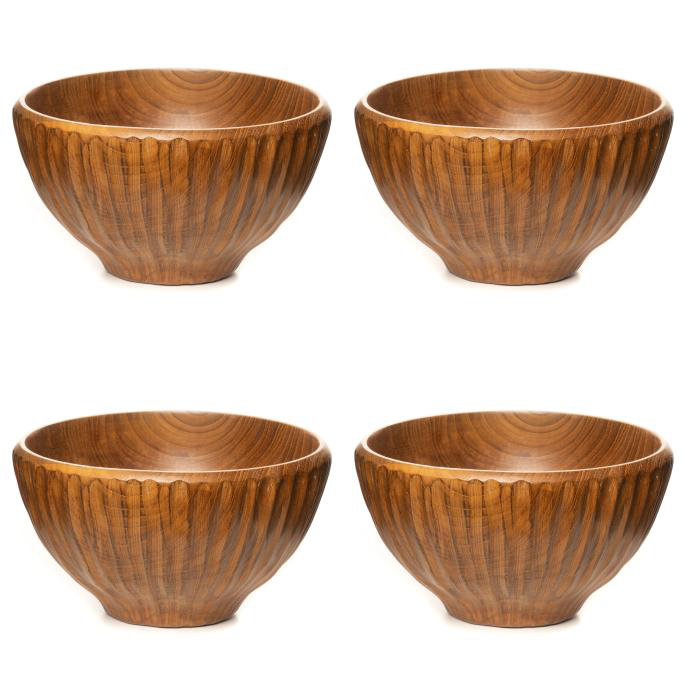 Vertical Carved Shiruwan Teak Wood Bowl 4-Pack