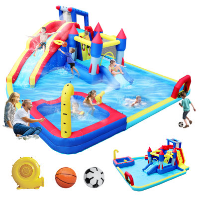 17' x 19' Inflatable 10 in1 Slide Water Park Bouncing House Garden with Splash Pool & Water Gun & Basketball & Climbing Wall & Dual Pools & Soccer