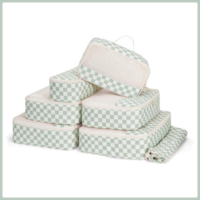 Paquet de 7 cubes de voyage à carreaux vert menthe, sacs de rangement pour bagages et accessoires de voyage