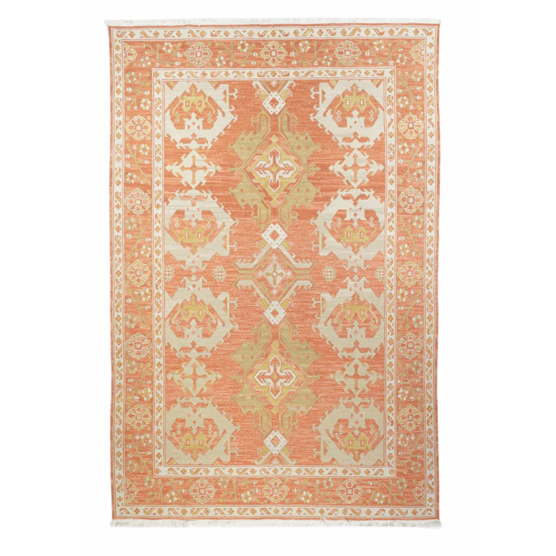 Tapis en laine noué à la main de conception unique 6 pi x 9 pi pêche