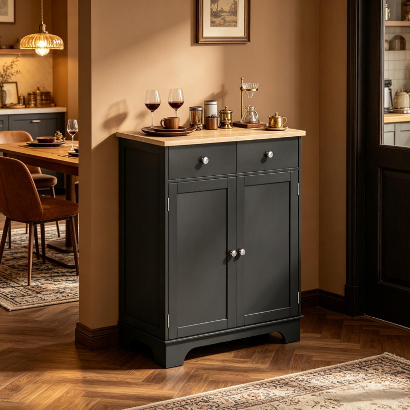 Buffet Modern Modern avec comptoir en bois d'hévéa naturel et rangement réglable, noir