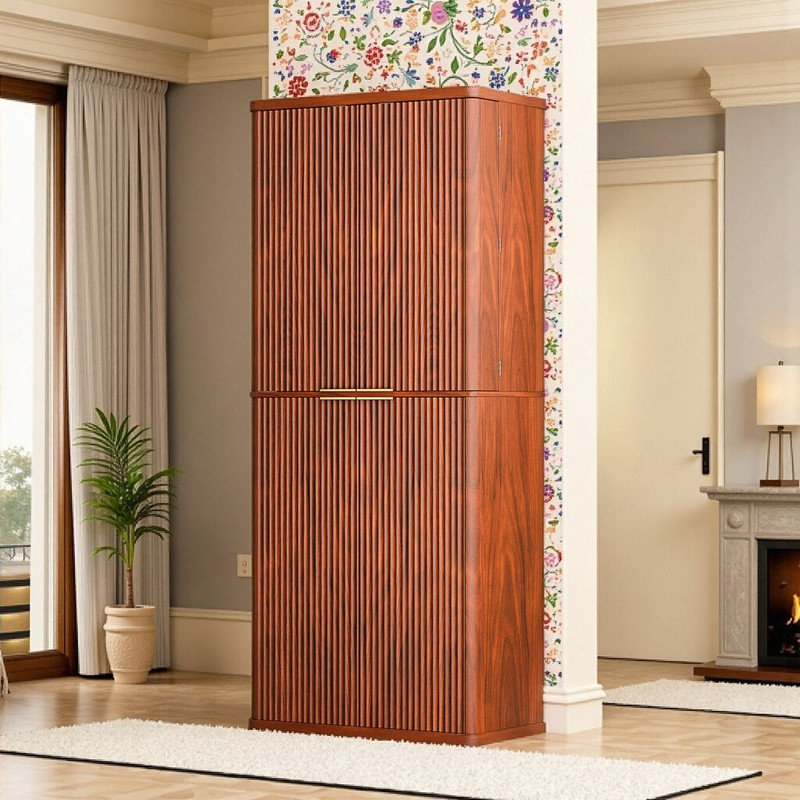 Armoire de rangement 72 po à panneau cannelé haut avec tablettes en bois l 30 po x P 15,75 po, Noyer