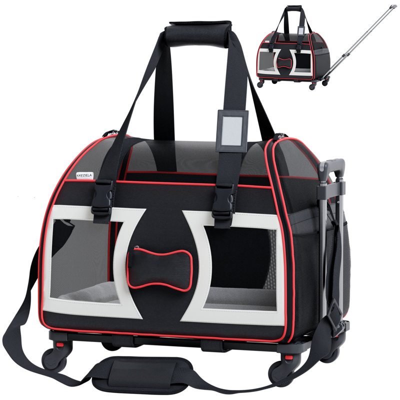Katziela Cianan Pro Pet Carrier  Removable Wheels and Telescopic Handle, Black, 18" H x 13" W x 19" D