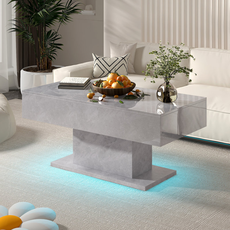 Table de salon moderne à DEL ultrabrillante avec 2 tiroirs de rangement, Gris, H 19 po x L 21 po x l 43,3 po