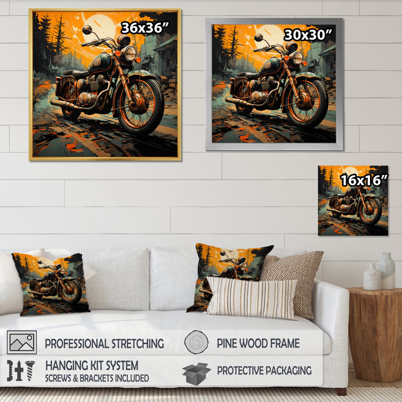 «Orange Orange Black Moto Road Rhythms III», reproduction sur toile, H 24 po x l 24 po x P 1 po, Cadre simple noir