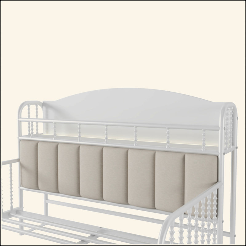 Structure de lit plateforme en métal avec lumière, lit en métal pour enfants avec tête de lit tapissier et rangement, Blanc